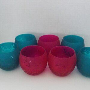 NWT 7 - 3" Etched Glass Votive Candle Holders - Pink and Blue